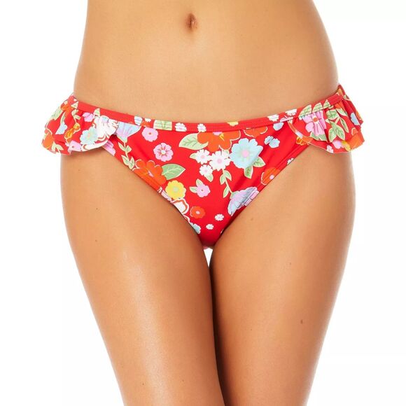 NWT CALIFORNIA SUNSHINE Red Floral Bikini Double Ruffle Hipster Bottom Size S - Picture 4 of 6